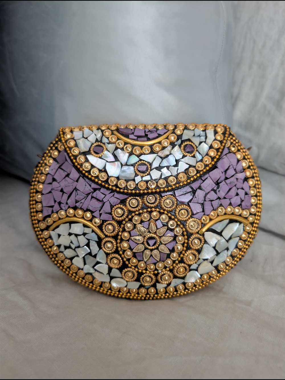 NWT RAMLA Beverly Hills Handmade Mosaic Stone Clutch Bag Purple Gold